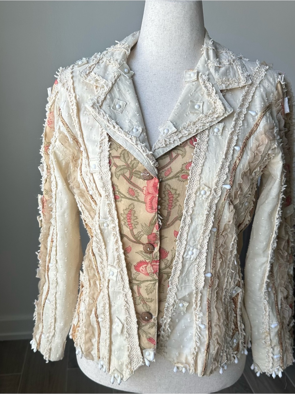Coldwater Creek Boho Cream Floral Patchwork Jacket
